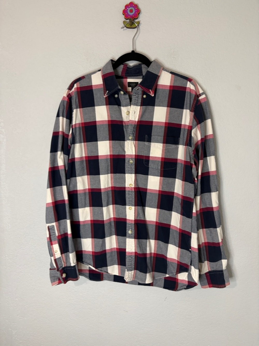 J Crew Oxford Cotton Button Down Long Sleeve Red White Blue L